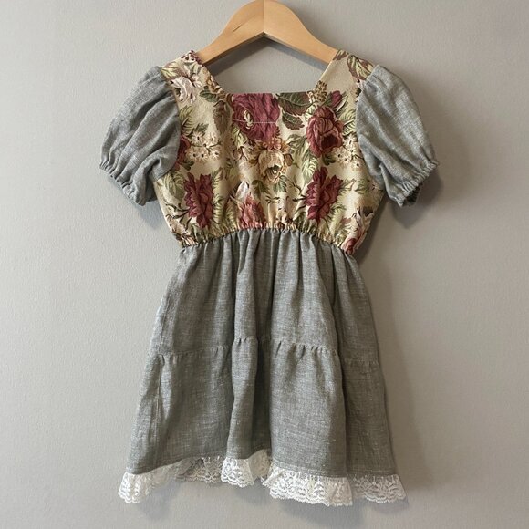 Handmade Children's Cotton Linen Green Multicolour Lace Square Neck Dress - Picture 2 of 12